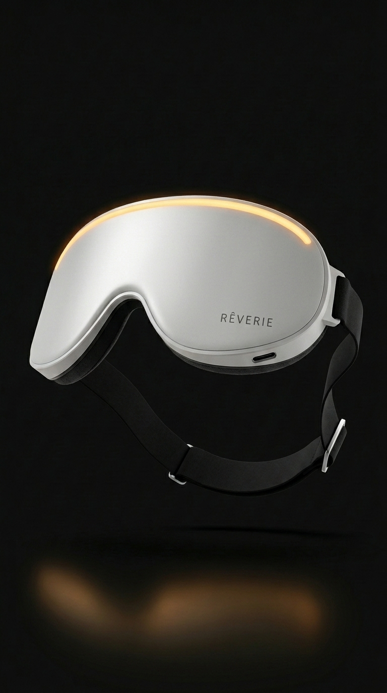 Rêviere white sleep mask with warm LED light arc and black adjustable strap